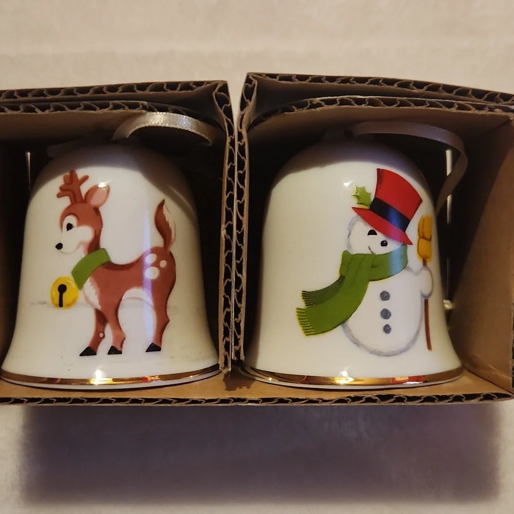 Vintage, Holiday Ornament Set, Snowmen, Santa, Reindeer, Vintage Christmas Bells